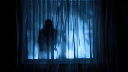 Horror scene on Halloween with blurred ghost silhouette in bedroom window, Ai Generatedの素材