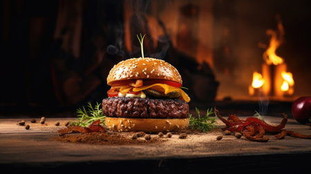 Tempting homemade beef burger captured in close-up on wooden table, Ai Generatedの素材