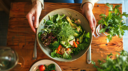 A cheerful young woman savoring a nutritious salad amidst vibrant green ingredients indoors, Ai Generatedの素材