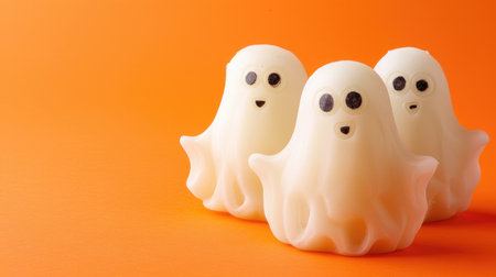 Spooky yet fun Halloween scene featuring ghosts and a funny pumpkin on orange backdrop, Ai Generatedの素材