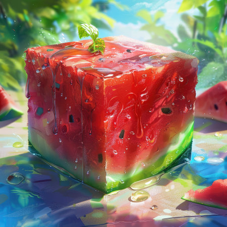 a vibrant watermelon cube adorned in red and green hues. Ai Generated.の素材