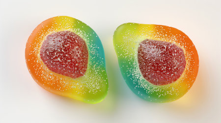 Gummy candy designed to look like an avocado, featuring three colors, elastic consistency, and sugar coating, Ai Generatedの素材