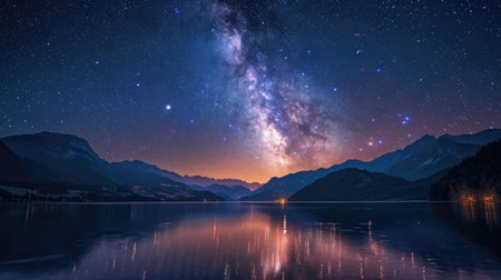 Serene and enchanting scene of the Milky Way galaxy arching over the sea, Ai Generatedの素材