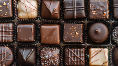 Variety of chocolate sweets organized in rows within a box, Ai Generatedの素材