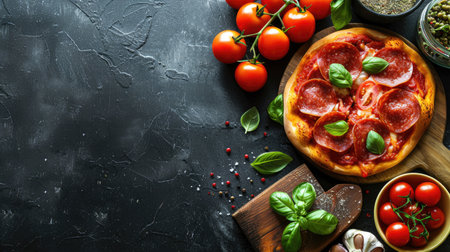 Delicious pepperoni pizza accompanied by cooking ingredients such as tomatoes and basil on black concrete backdrop, Ai Generatedの素材