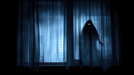 Horror scene on Halloween with blurred ghost silhouette in bedroom window, Ai Generatedの素材