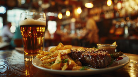 Enjoy classic American steak with chips and rich gravy at the bar, Ai Generatedの素材
