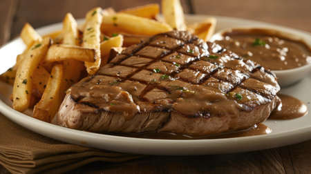 Enjoy classic American steak with chips and rich gravy at the bar, Ai Generatedの素材