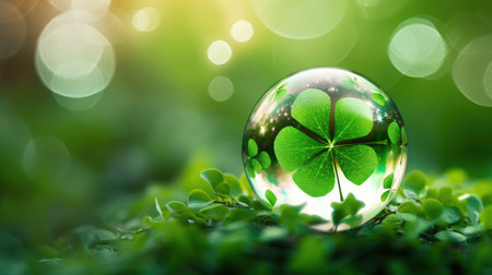 In a glass ball, a clover leaf sparkles on a green bokeh background, Ai Generated.の素材