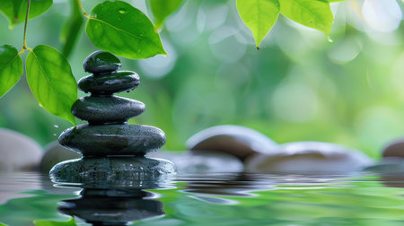 Balanced stones create a Zen pyramid on the water's surface, invoking calm and harmony. Nature's poetry. Ai Generatedの素材