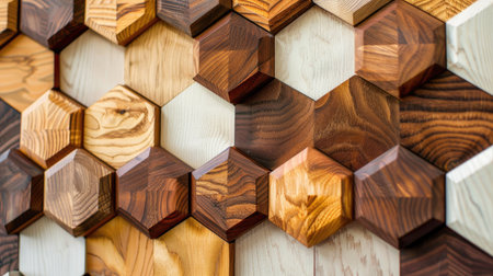 Wooden hexagons form a geometric fall in a captivating 3D front view, Ai Generated.の素材