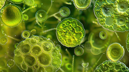 Detailed macro image reveals microorganisms with thin cell walls in linear arrangement, Ai Generated.の素材