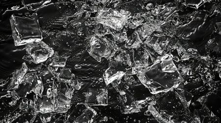 Dynamic shattered glass texture contrasts against a black background, Ai Generated.の素材