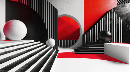 Dynamic abstract geometric presentation in black, white, and red, Ai Generated.の素材