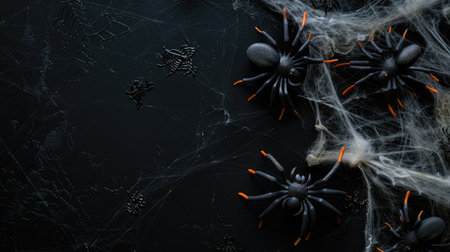 Spooky spiders adorn Happy Halloween flat lay mockup, setting the festive mood, Ai Generatedの素材