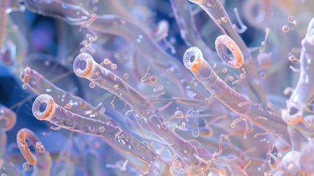 Detailed macro image reveals microorganisms with thin cell walls in linear arrangement, Ai Generated.の素材