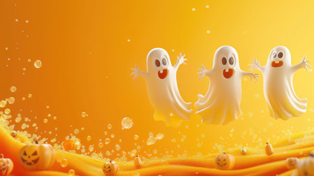 Spooky yet fun Halloween scene featuring ghosts and a funny pumpkin on orange backdrop, Ai Generatedの素材