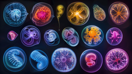 Detailed macro image reveals various stages of microscopic embryo development, Ai Generated.の素材