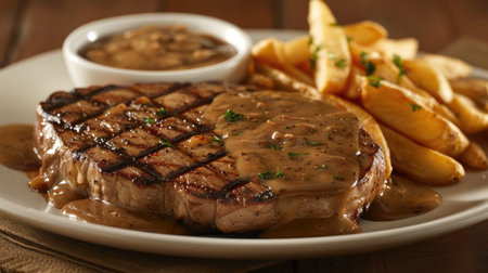 Enjoy classic American steak with chips and rich gravy at the bar, Ai Generatedの素材