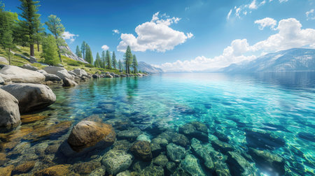 A sweeping panorama captures the beauty of Mountain Lake Tahoe, nestled amidst the towering peaks, Ai Generatedの素材