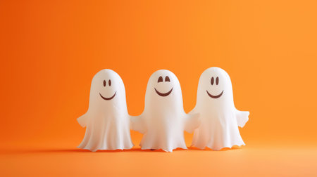 Spooky yet fun Halloween scene featuring ghosts and a funny pumpkin on orange backdrop, Ai Generatedの素材