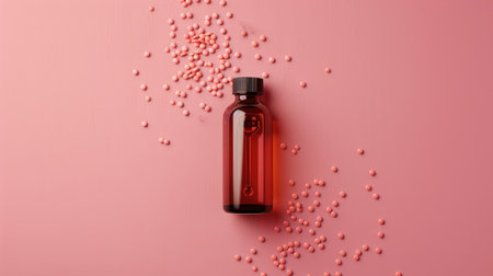 Colorful backdrop with a top-down view of a bottle and pills scattered. Ai Generated.の素材