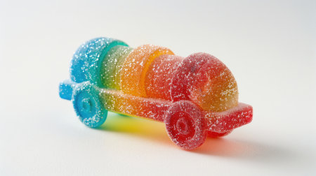 Gummy candy designed to resemble a desk train, with three colors, elastic consistency, and sugar coating, Ai Generatedの素材