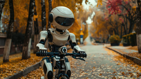 A happy robot enjoys a bike ride amidst fall foliage in a scenic alleyway, Ai Generatedの素材