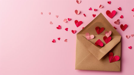 Envelope with paper craft hearts, conveying love and affection in a romantic gesture, Ai Generatedの素材