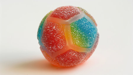 Gummy candy designed to resemble a soccer ball, featuring three colors, elastic consistency, and sugar coating, Ai Generatedの素材