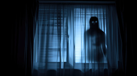Horror scene on Halloween with blurred ghost silhouette in bedroom window, Ai Generatedの素材