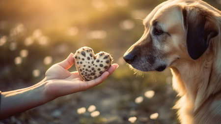 A human hand reaches out to touch dog paws, a tender moment capturing the bond between species. Ai Generated.の素材