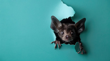 A funny bat gazes through a torn hole in a vibrant pastel color paper backdrop, Ai Generatedの素材