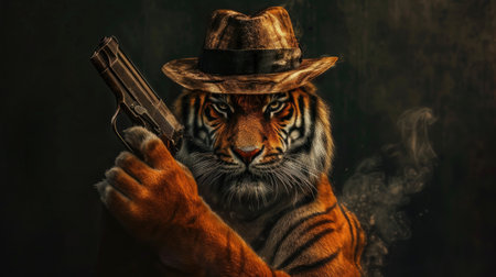 Unexpectedly fashionable tiger wields a gun with swagger, Ai Generatedの素材