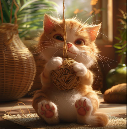 Adorable cat enjoys playtime with yarn ball, Ai Generated.の素材
