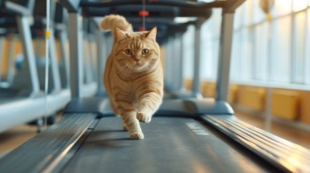 A plump cat exercises on a treadmill in a gym, demonstrating dedication to health and wellness, Ai Generatedの素材