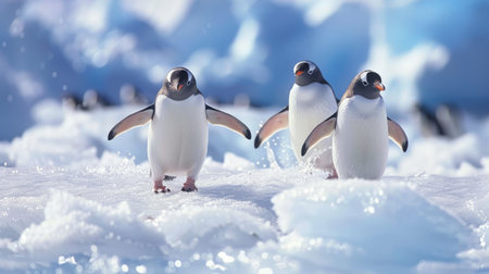 Explore the delightful charm of penguins on ice, where they frolic and interact in their icy surroundings, Ai Generatedの素材