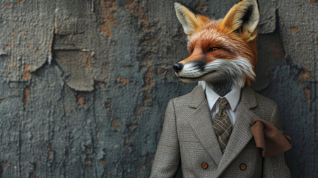 An elegant fox dons a modern suit and a fashionable tie, showcasing refined style and sartorial flair, Ai Generatedの素材