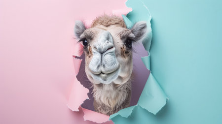 A funny camel gazes through a torn hole in a vibrant pastel color paper backdrop, Ai Generatedの素材