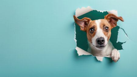 A funny dog gazes through a torn hole in a vibrant pastel color paper backdrop, Ai Generatedの素材