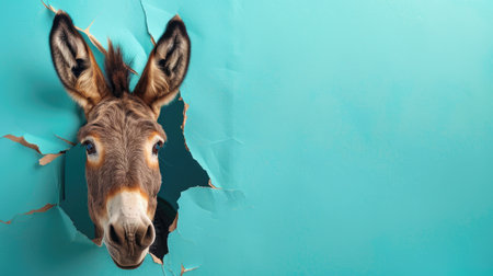 A funny donkey gazes through a torn hole in a vibrant pastel color paper backdrop, Ai Generatedの素材