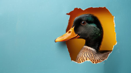A funny duck gazes through a torn hole in a vibrant pastel color paper backdrop, Ai Generatedの素材