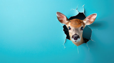 A funny deer gazes through a torn hole in a vibrant pastel color paper backdrop, Ai Generatedの素材