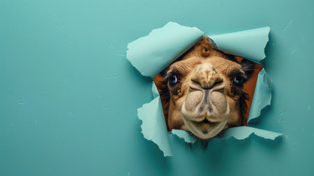 A funny camel gazes through a torn hole in a vibrant pastel color paper backdrop, Ai Generatedの素材