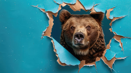 A funny bear gazes through a torn hole in a vibrant pastel color paper backdrop, Ai Generatedの素材