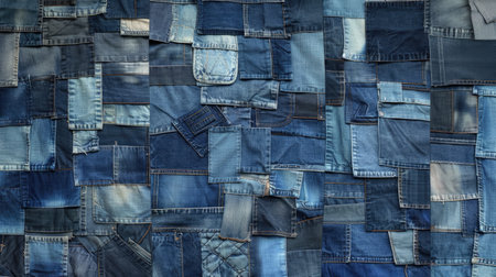 Rustic patchwork quilt stitched with love from denim remnants, Ai Generated.の素材