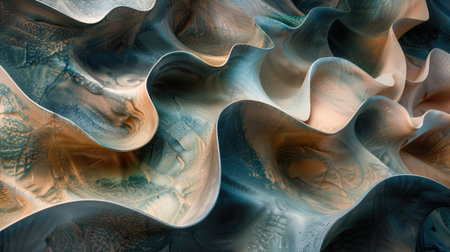 Dark turquoise and beige palette merges with futuristic waves and organic layers, Ai Generated.の素材