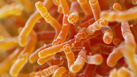 Detailed macro image reveals microorganisms with thin cell walls in linear arrangement, Ai Generated.の素材