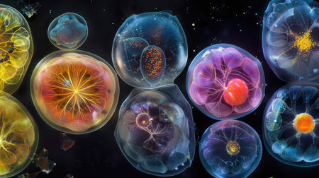 Detailed macro image reveals various stages of microscopic embryo development, Ai Generated.の素材