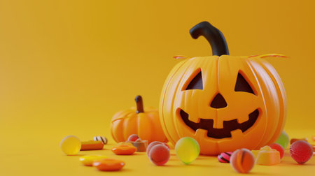 Cheerful Halloween pumpkin and candies in minimalist design, bringing holiday joy, Ai Generatedの素材